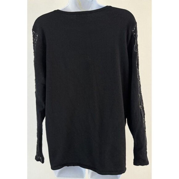 LEO & UGO Black V-Neck Sweater With Lace/Bead/Sequin Detail On Sleeves Sz XL - Picture 3 of 8